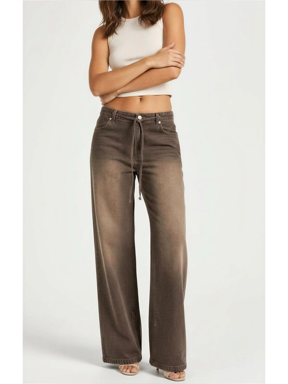 MANIÈRE DE VOIR Faye Wide Leg Baggy Jeans W/ Waist & Ankle Ties, Brown, US0